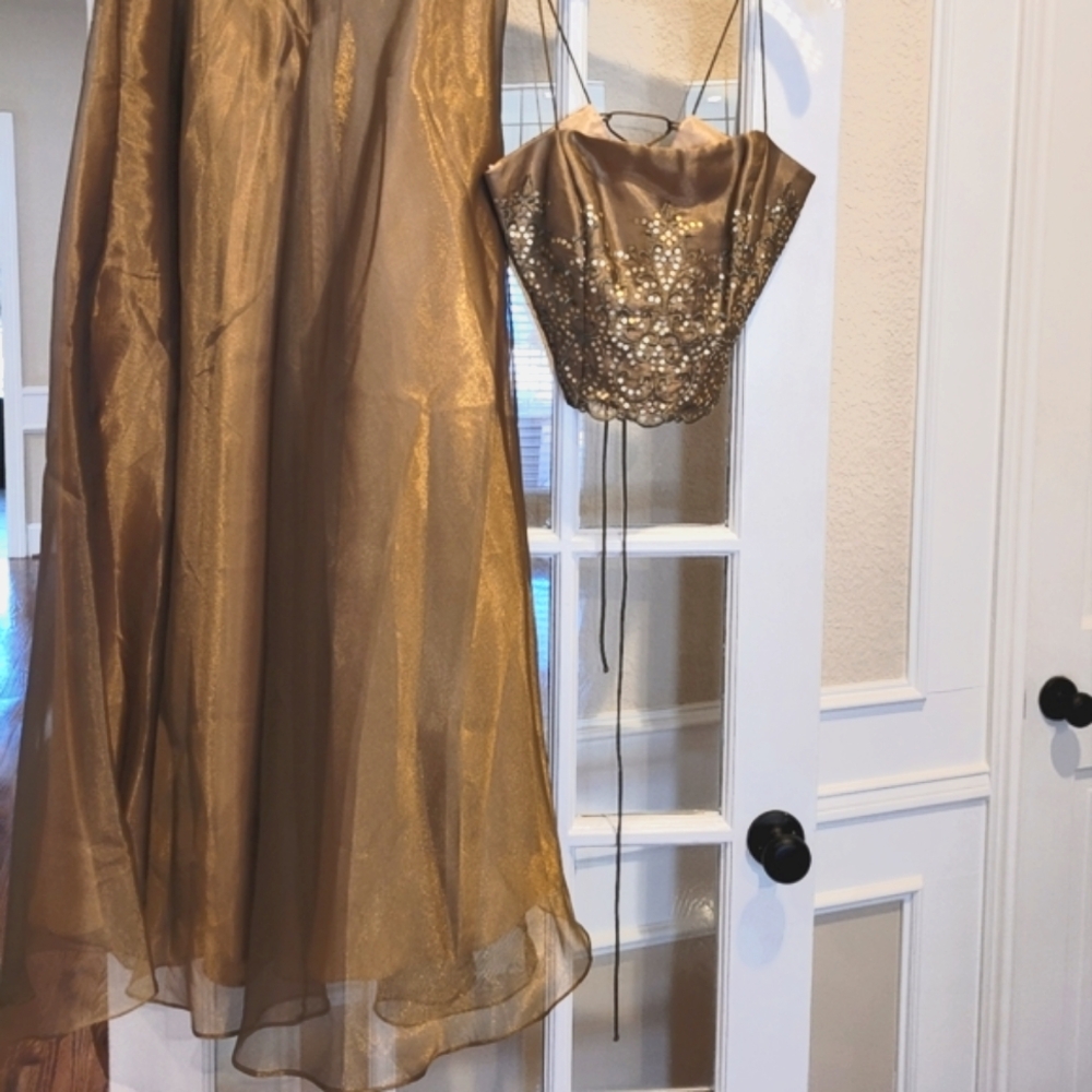 Prom/Wedding 2-piece long gold sparkly spaghetti strap evening outfit